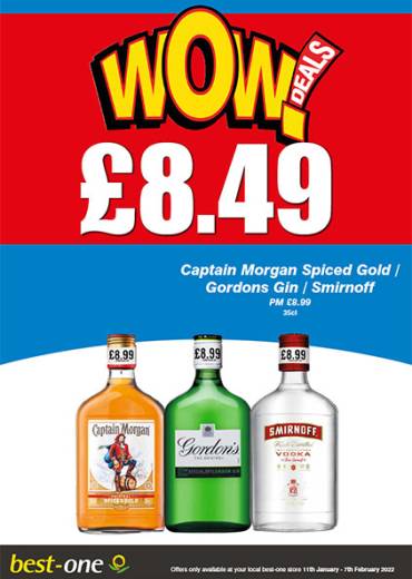 Captain Morgan Spiced Gold / Gordons Gin / Smirnoff  PM £8.99